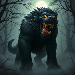 A large, menacing monster dog with glowing yellow eyes, thick dark fur, and sharp teeth, standing in a foggy forest at night