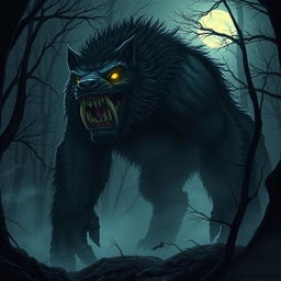 A large, menacing monster dog with glowing yellow eyes, thick dark fur, and sharp teeth, standing in a foggy forest at night