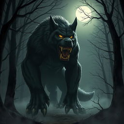 A large, menacing monster dog with glowing yellow eyes, thick dark fur, and sharp teeth, standing in a foggy forest at night