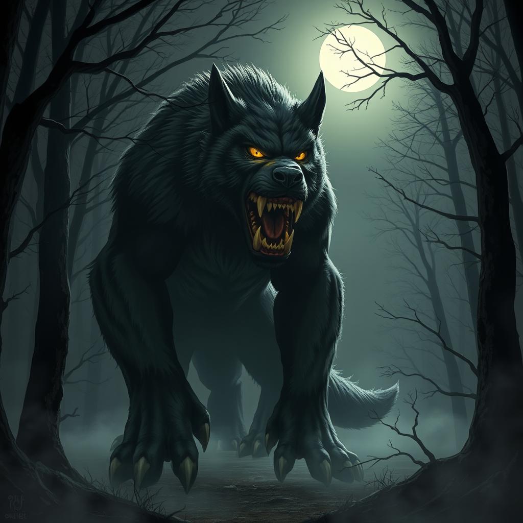 A large, menacing monster dog with glowing yellow eyes, thick dark fur, and sharp teeth, standing in a foggy forest at night