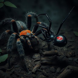A dramatic scene depicting two fierce spiders engaged in an epic battle