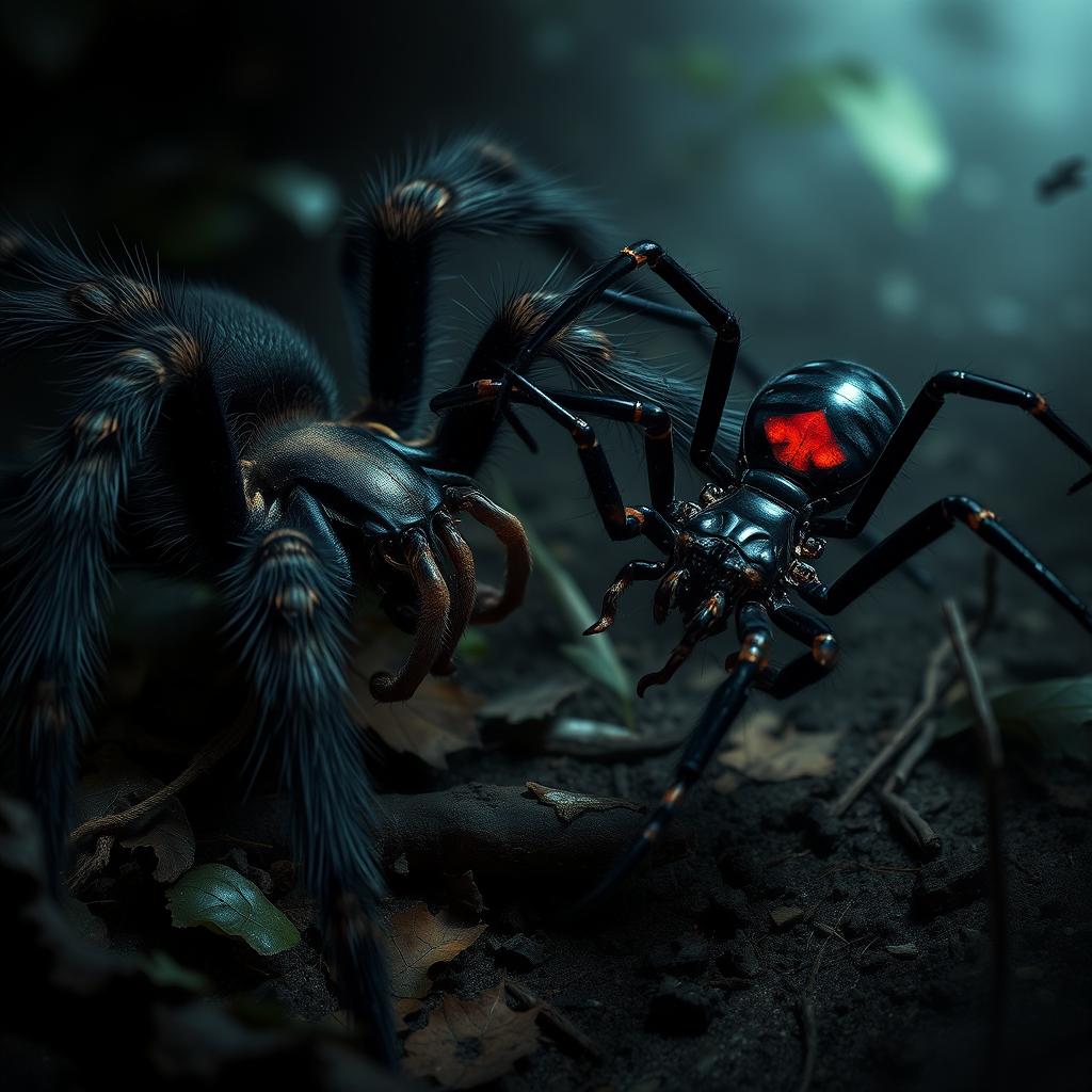 A dramatic scene depicting two fierce spiders engaged in an epic battle