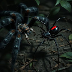 A dramatic scene depicting two fierce spiders engaged in an epic battle