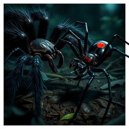 A dramatic scene depicting two fierce spiders engaged in an epic battle