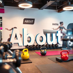 A close-up shot of the word "About" artfully integrated into the interior of a modern gym