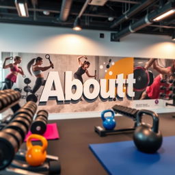 A close-up shot of the word "About" artfully integrated into the interior of a modern gym