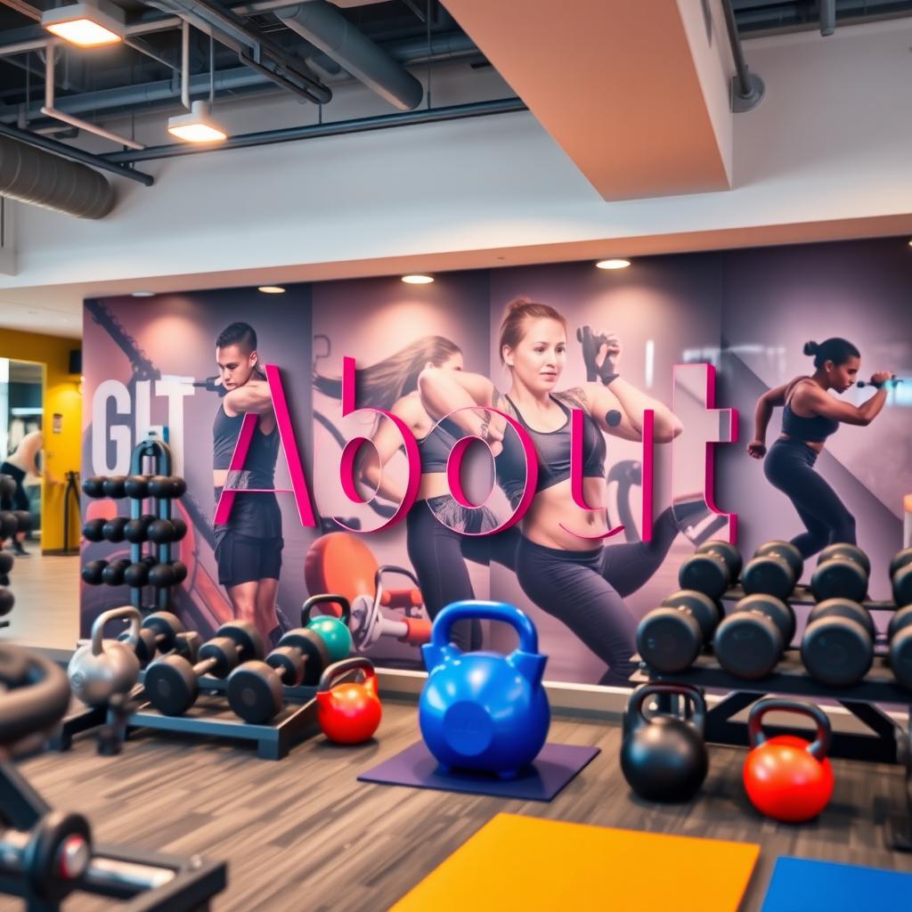A close-up shot of the word "About" artfully integrated into the interior of a modern gym