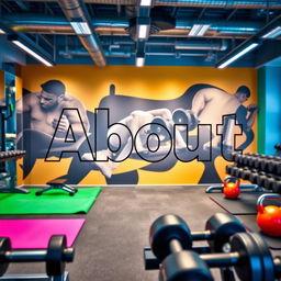 A close-up shot of the word "About" artfully integrated into the interior of a modern gym