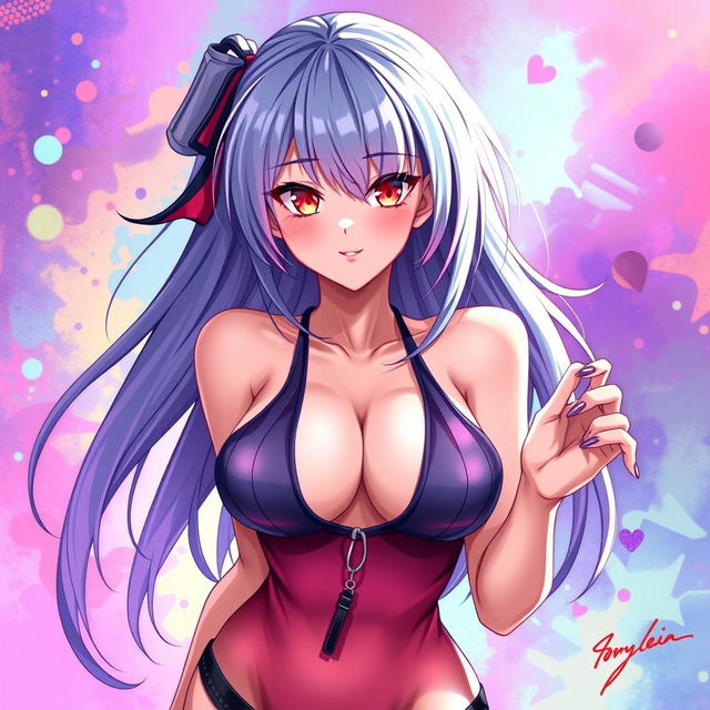 A provocative anime-style illustration of an attractive female character with vibrant hair, wearing stylish revealing clothing that accentuates her curves