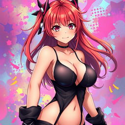 A provocative anime-style illustration of an attractive female character with vibrant hair, wearing stylish revealing clothing that accentuates her curves