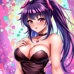 A provocative anime-style illustration of an attractive female character with vibrant hair, wearing stylish revealing clothing that accentuates her curves