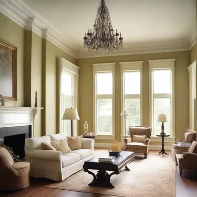 The designer accentuated the high ceilings of the room by adding decorative crown molding.