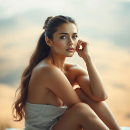 A stunning, beautiful woman with her hair elegantly tied up, seated gracefully in a soft, ambient light