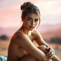 A stunning, beautiful woman with her hair elegantly tied up, seated gracefully in a soft, ambient light