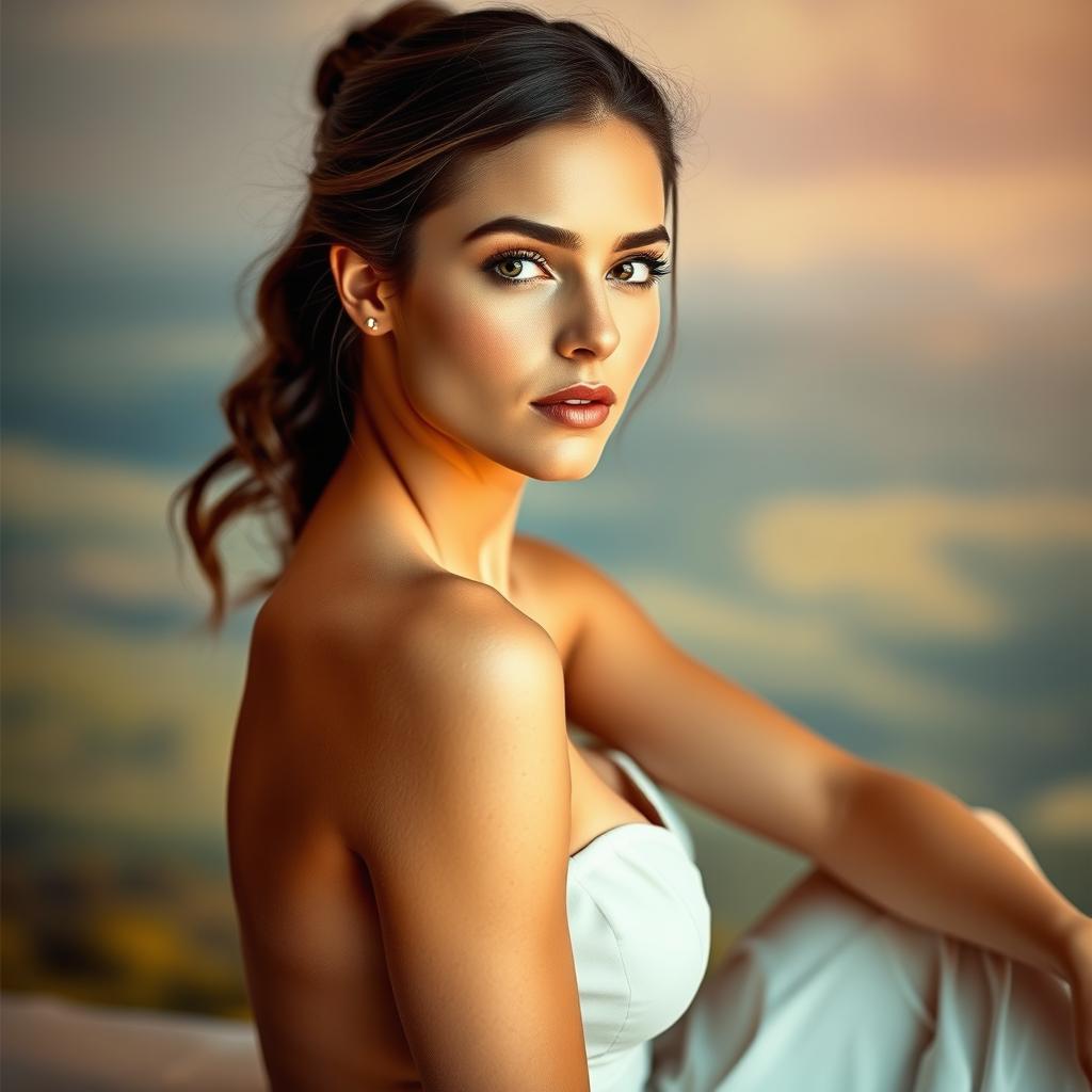 A stunning, beautiful woman with her hair elegantly tied up, seated gracefully in a soft, ambient light