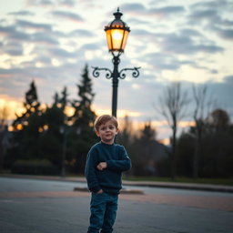 A solitary young boy standing in front of an old-fashioned lamp post during twilight