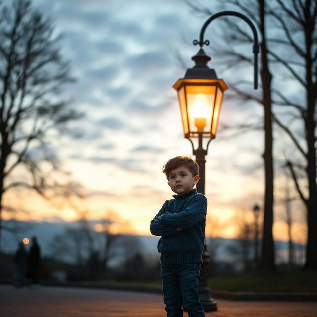 A solitary young boy standing in front of an old-fashioned lamp post during twilight