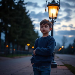 A solitary young boy standing in front of an old-fashioned lamp post during twilight