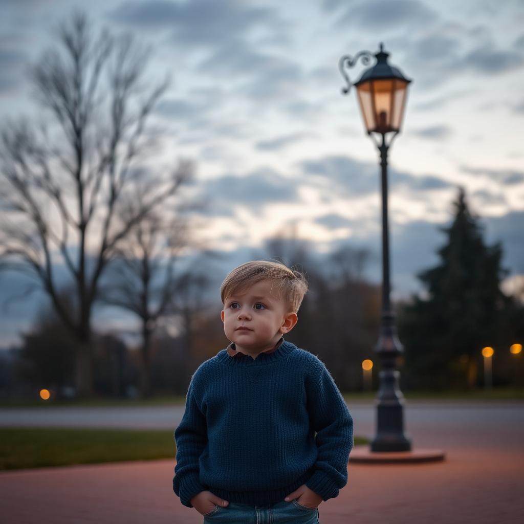 A solitary young boy standing in front of an old-fashioned lamp post during twilight
