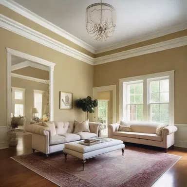 The designer accentuated the high ceilings of the room by adding decorative crown molding.