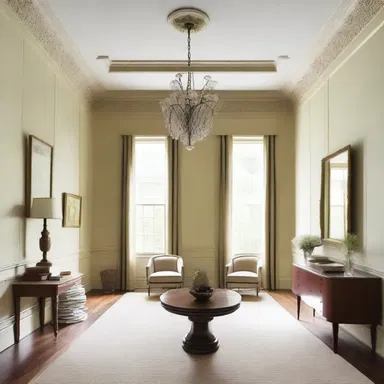 The designer accentuated the high ceilings of the room by adding decorative crown molding.