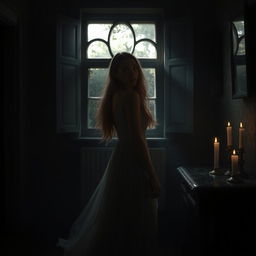 A mysterious scene where a young woman stands in a dimly lit room, looking back over her shoulder with a surprised expression, but there is no one behind her