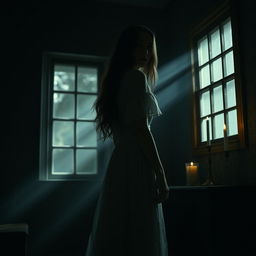 A mysterious scene where a young woman stands in a dimly lit room, looking back over her shoulder with a surprised expression, but there is no one behind her