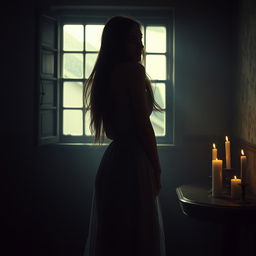 A mysterious scene where a young woman stands in a dimly lit room, looking back over her shoulder with a surprised expression, but there is no one behind her