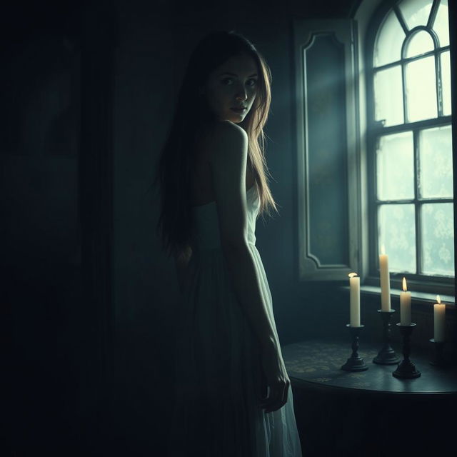 A mysterious scene where a young woman stands in a dimly lit room, looking back over her shoulder with a surprised expression, but there is no one behind her