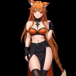 A realistic sexy gothic anime Kitsune girl with a flustered face, showing a soft blush on her cheeks and long, flowing orange hair that reaches down to her lower back