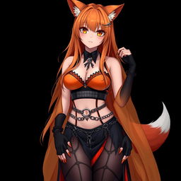 A realistic sexy gothic anime Kitsune girl with a flustered face, showing a soft blush on her cheeks and long, flowing orange hair that reaches down to her lower back