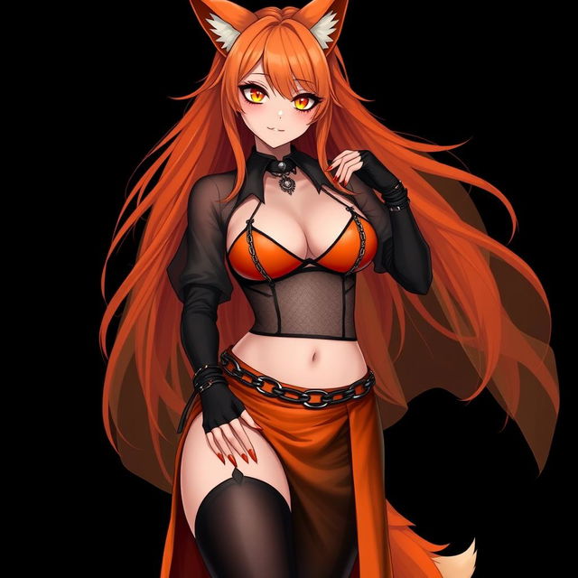 A realistic sexy gothic anime Kitsune girl with a flustered face, showing a soft blush on her cheeks and long, flowing orange hair that reaches down to her lower back