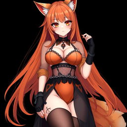A realistic sexy gothic anime Kitsune girl with a flustered face, showing a soft blush on her cheeks and long, flowing orange hair that reaches down to her lower back