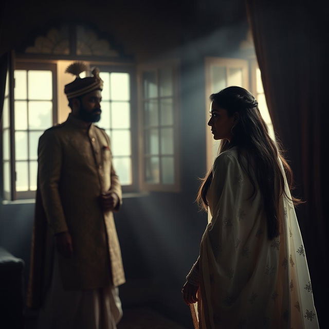 In a dimly lit, atmospheric room, a cold breeze flows through open windows, creating a mysterious ambiance