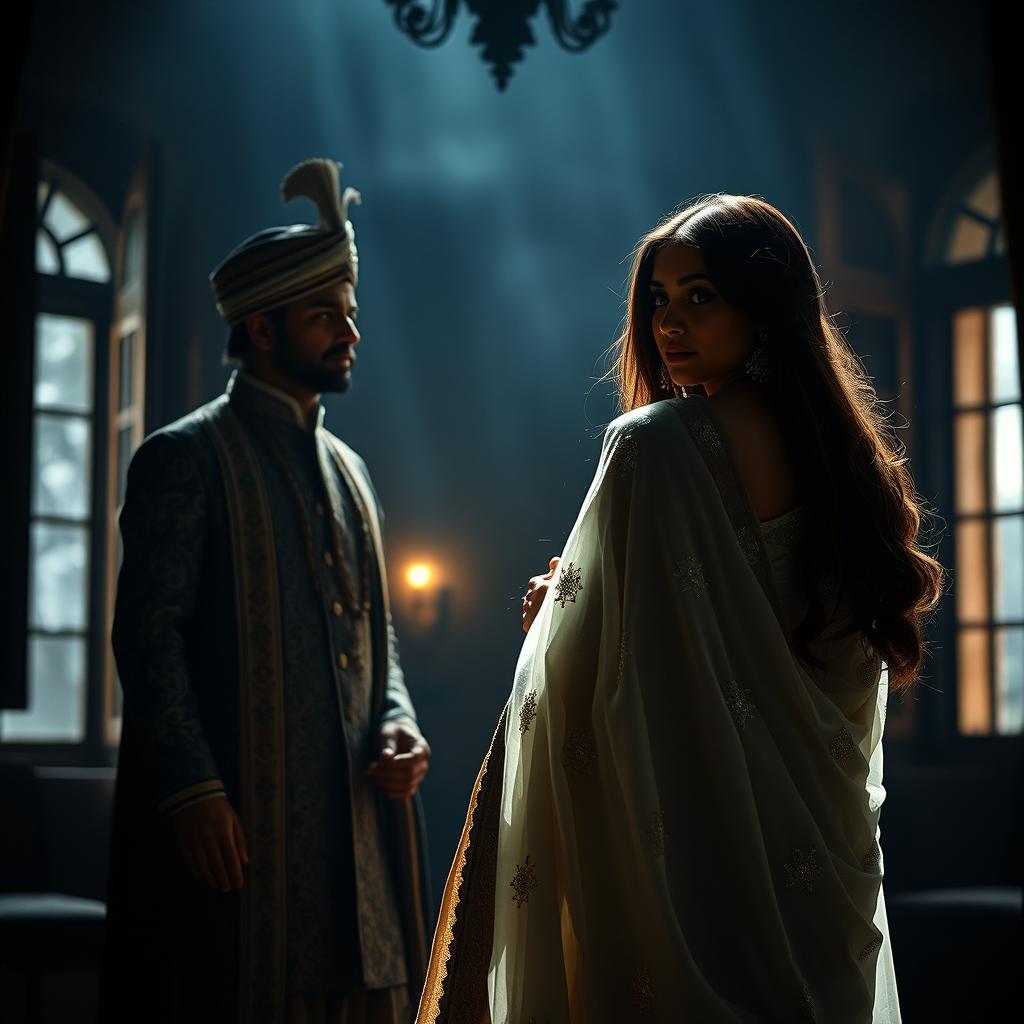 In a dimly lit, atmospheric room, a cold breeze flows through open windows, creating a mysterious ambiance