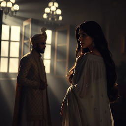 In a dimly lit, atmospheric room, a cold breeze flows through open windows, creating a mysterious ambiance