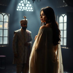 In a dimly lit, atmospheric room, a cold breeze flows through open windows, creating a mysterious ambiance