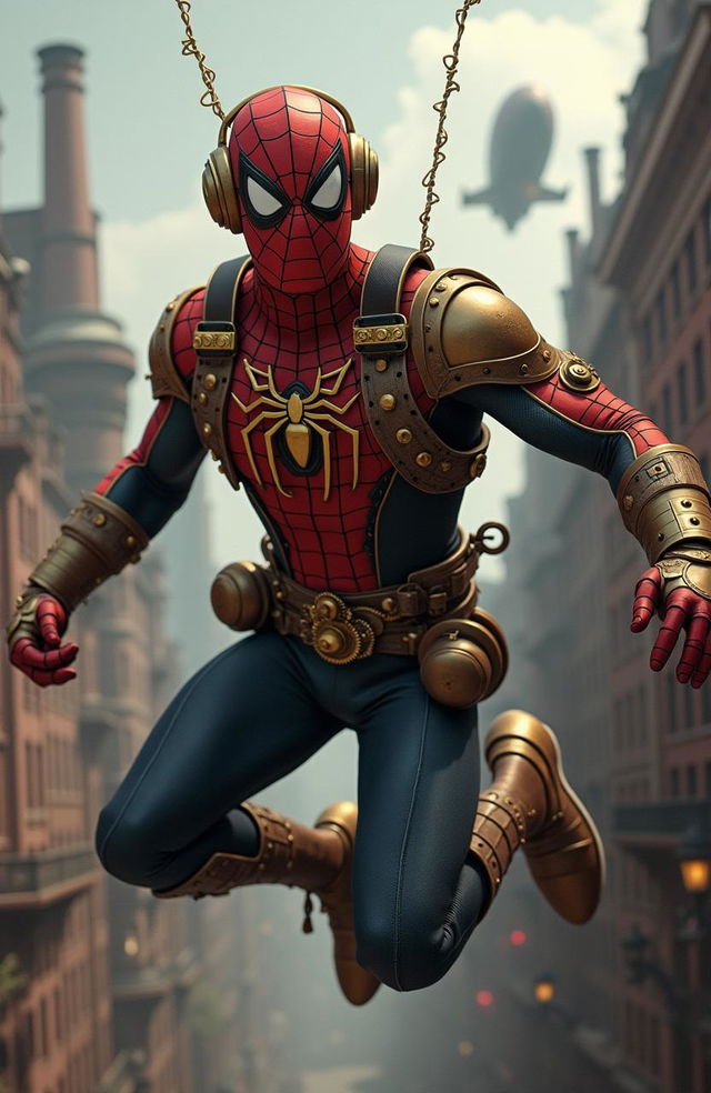 A steampunk version of Spiderman in an industrial cityscape, wearing intricate brass and leather gear, with a mechanical spider emblem on his chest