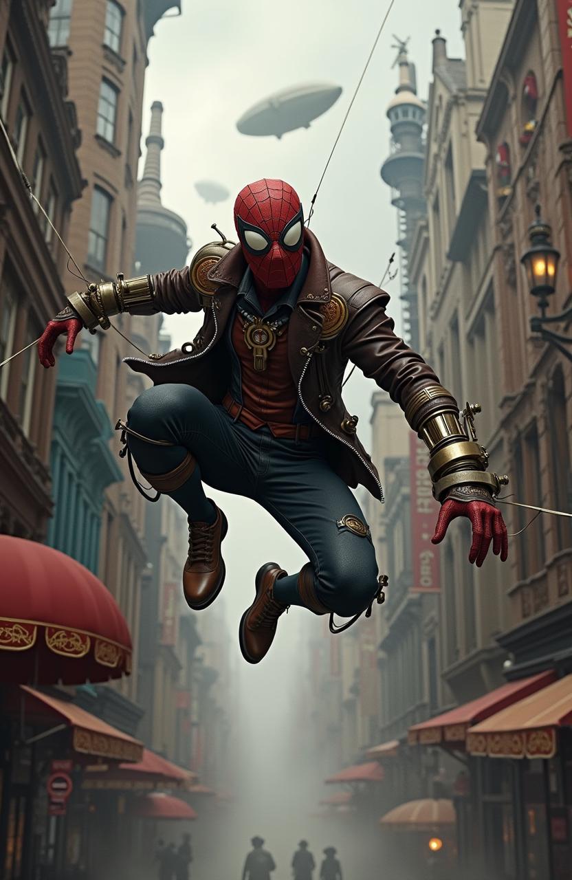 A steampunk version of Spiderman, depicted in a bustling Victorian-era city with heavy industrial elements