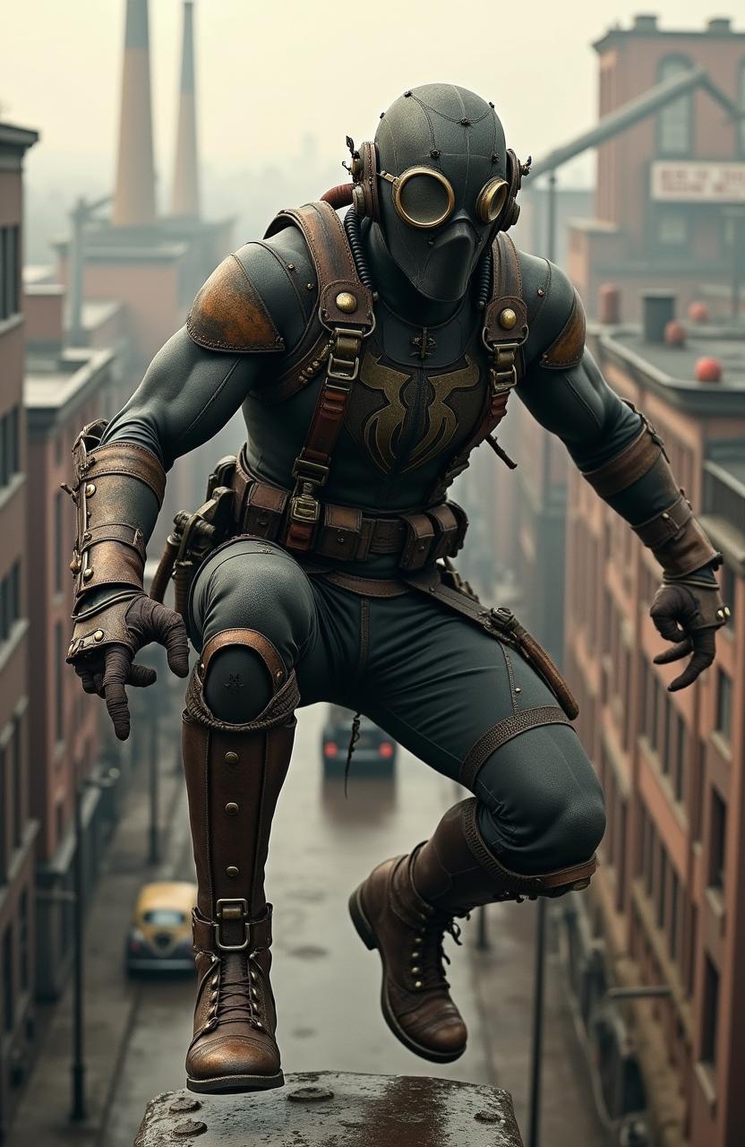 A dieselpunk version of Spiderman, set in a gritty, mid-20th century urban environment