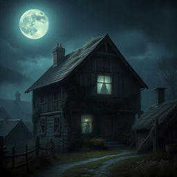 An old, mysterious rural house shrouded in eerie atmosphere, with tales of a woman who died there years ago lingering in the air