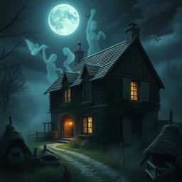 An old, mysterious rural house shrouded in eerie atmosphere, with tales of a woman who died there years ago lingering in the air