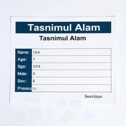 A detailed medical report card, featuring the name 'Tasnimul Alam' prominently at the top