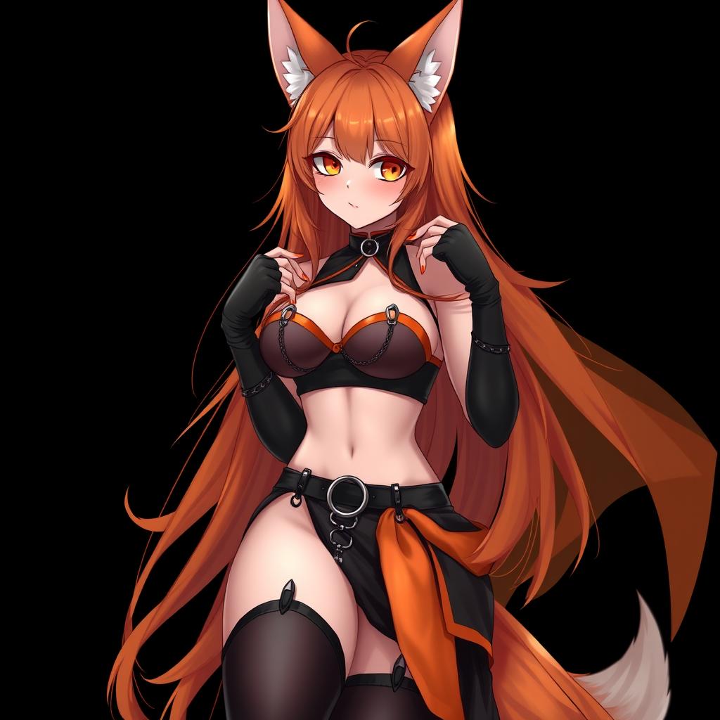 A realistic sexy gothic anime Kitsune girl with a flustered expression, showing a charming blush on her cheeks and long orange hair flowing beautifully down to her lower back