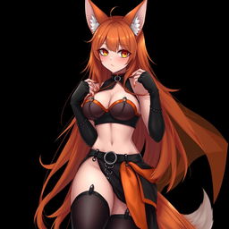 A realistic sexy gothic anime Kitsune girl with a flustered expression, showing a charming blush on her cheeks and long orange hair flowing beautifully down to her lower back