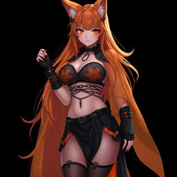 A realistic sexy gothic anime Kitsune girl with a flustered expression, showing a charming blush on her cheeks and long orange hair flowing beautifully down to her lower back