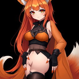 A realistic sexy gothic anime Kitsune girl with a flustered expression, showing a charming blush on her cheeks and long orange hair flowing beautifully down to her lower back