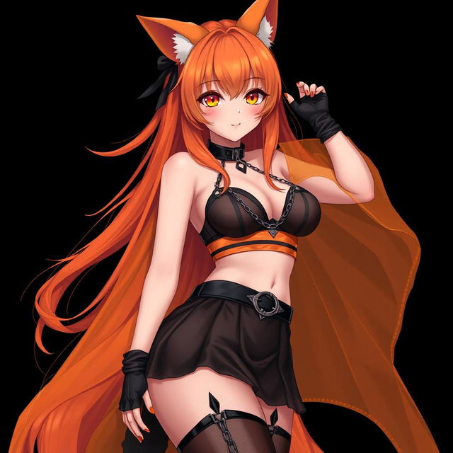 A realistic sexy gothic anime Kitsune girl with a flustered expression, showing a charming blush on her cheeks and long orange hair flowing beautifully down to her lower back