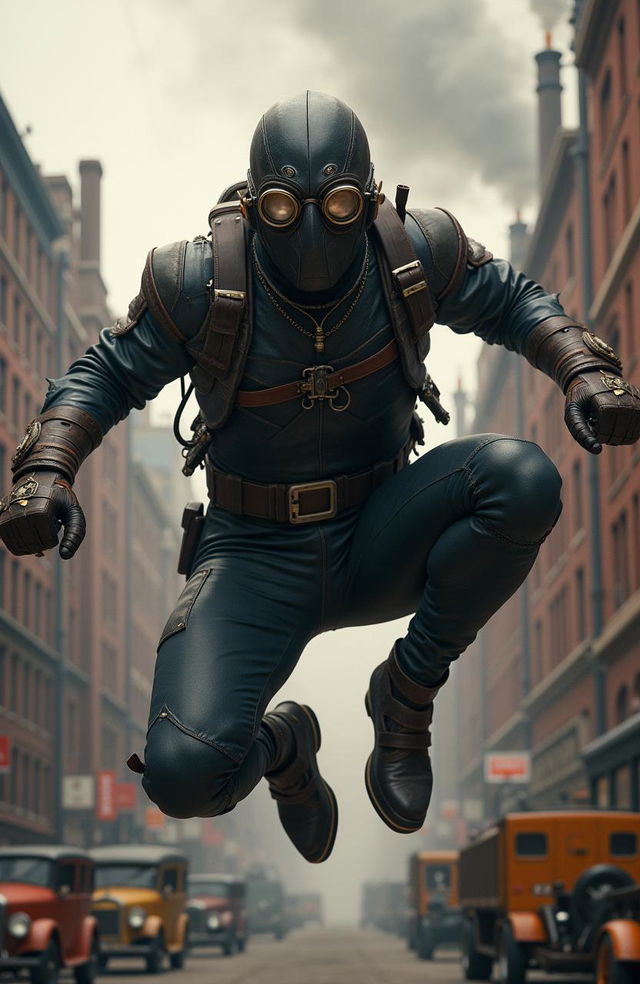 A dieselpunk version of Spiderman, depicted in a dystopian, industrial city with a gritty atmosphere
