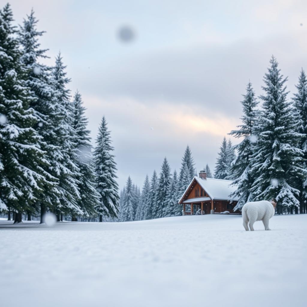 A serene winter landscape with a soft snowfall in progress